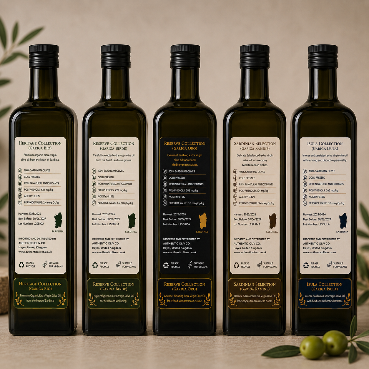 Back labels of Authentic Oliv Co olive oil bottles with technical details