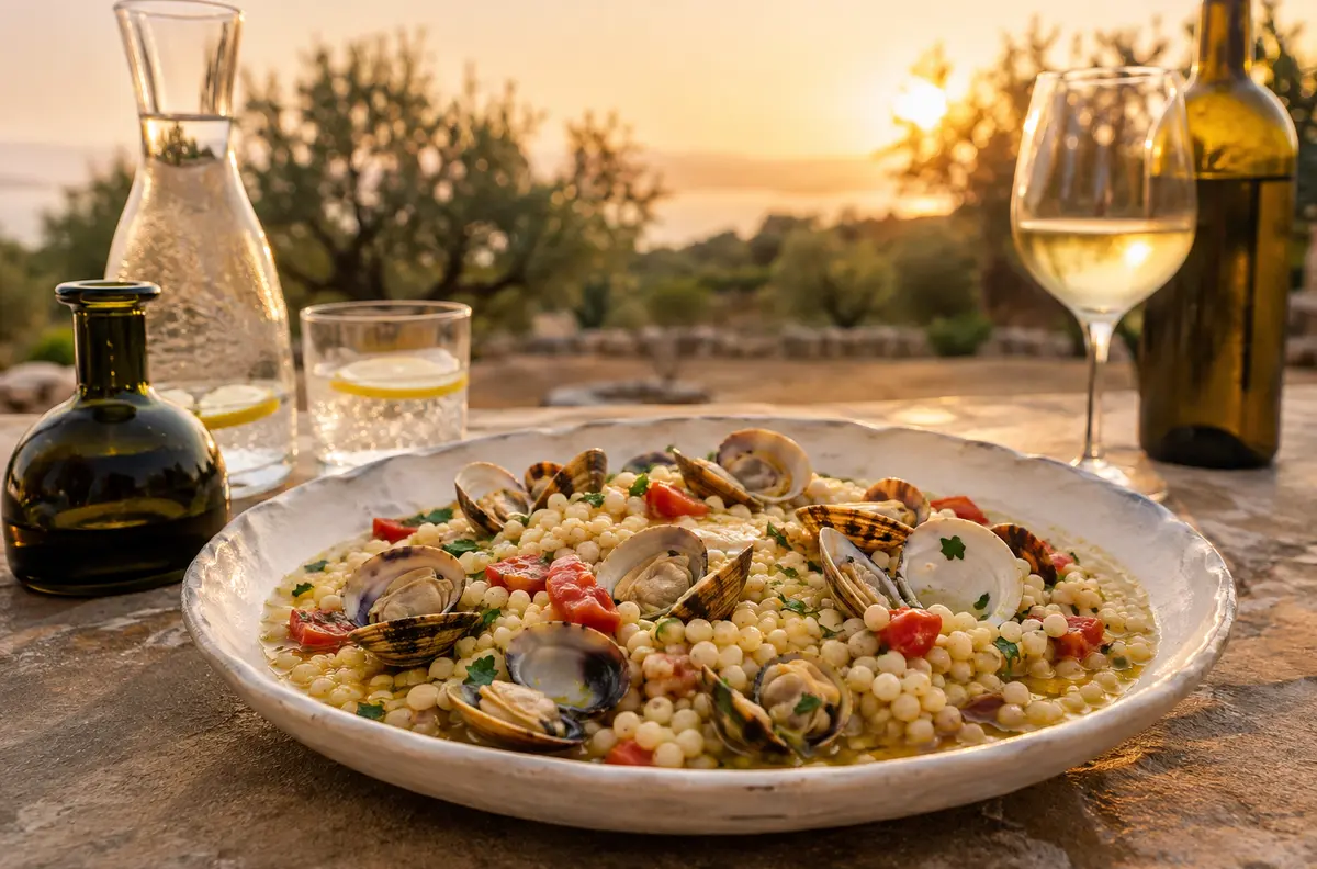 Sardinian fregula with clams, served with water and white wine