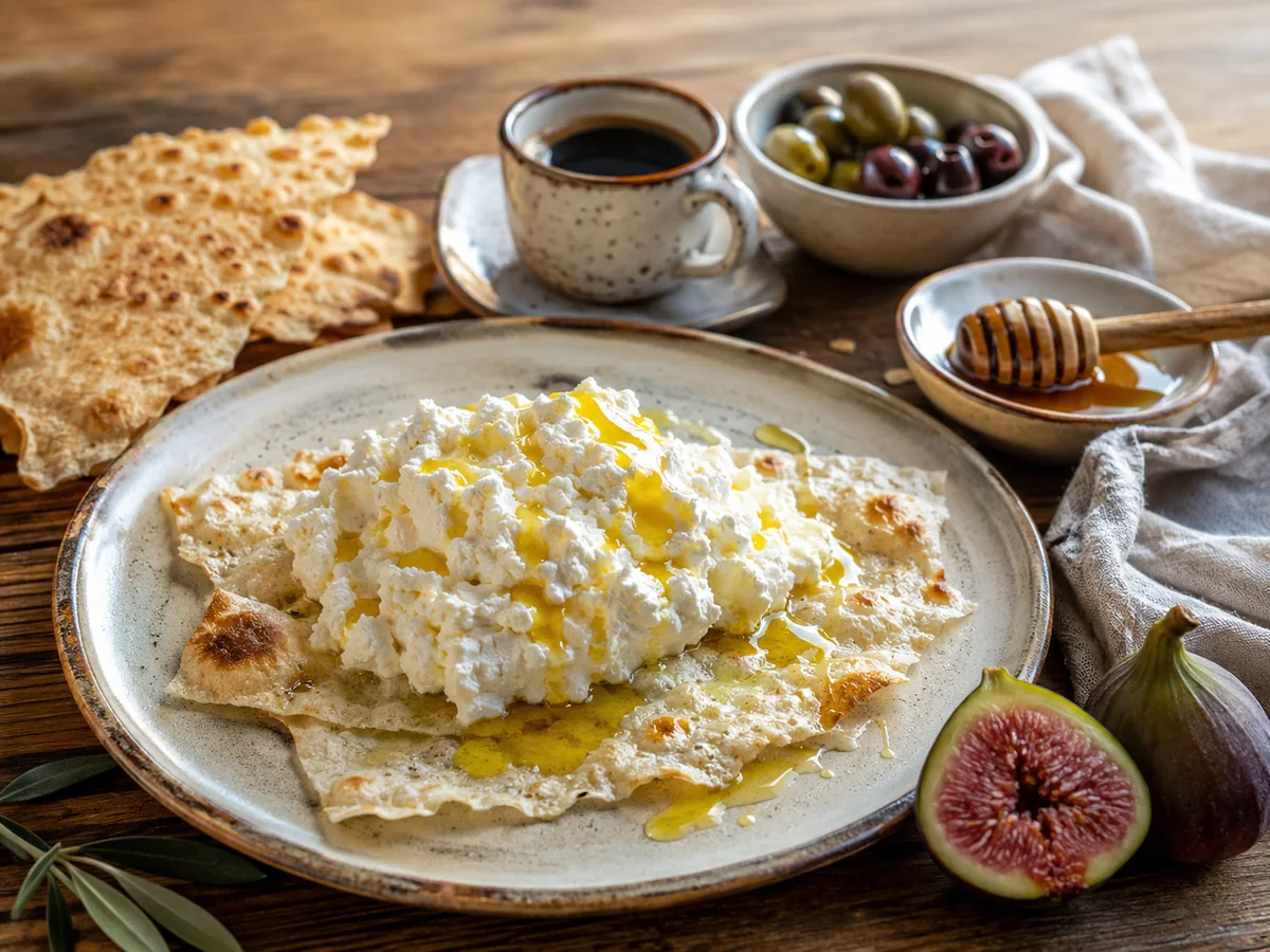 Sardinian breakfast with pane carasau and ricotta