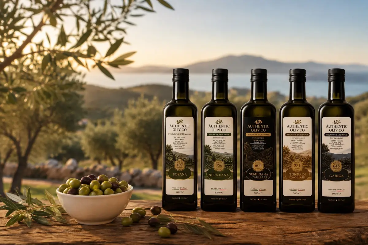 Dark glass bottles of premium Sardinian oliv oil selected by Authentic Oliv Co