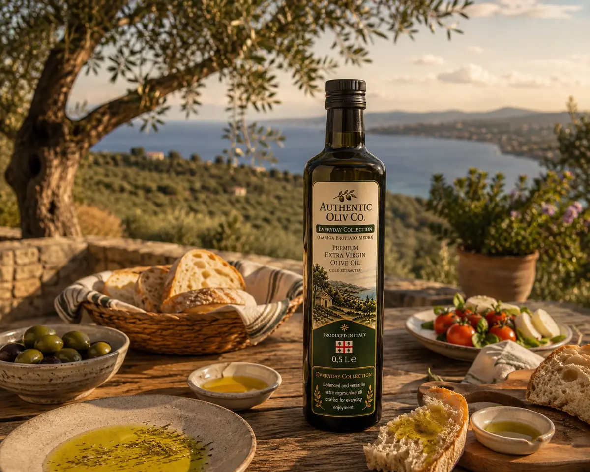 Authentic Oliv Co bottle with bread, olivs and a Mediterranean table